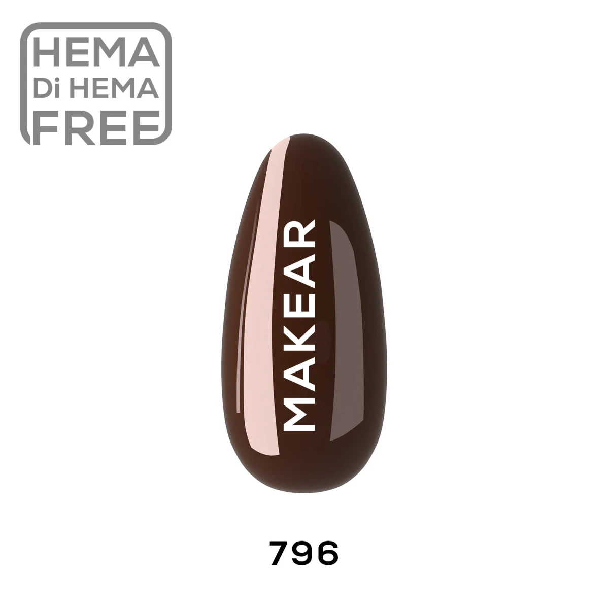 Makear lakier hybrydowy 796 Je t'aime - swatch ciemnego czekoladowego brązu na tipsie, krem pełne krycie, 8 ml HEMA FREE