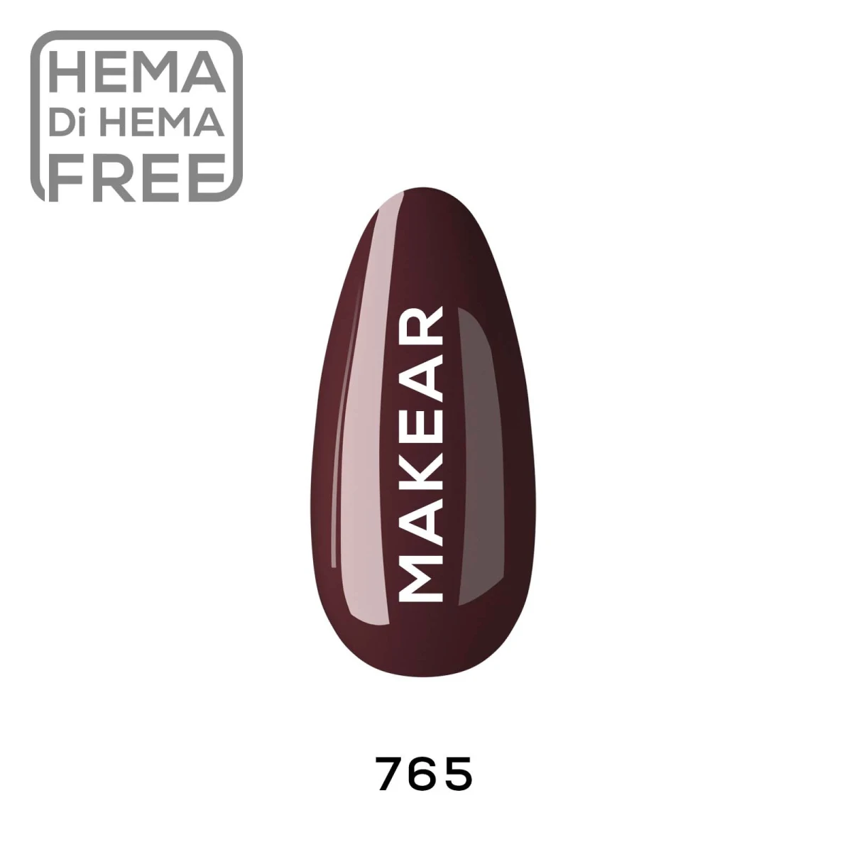 Makear lakier hybrydowy 765 Glamour - swatch burgundowo-czekoladowego brązu na tipsie, krem pełne krycie, 8 ml HEMA FREE