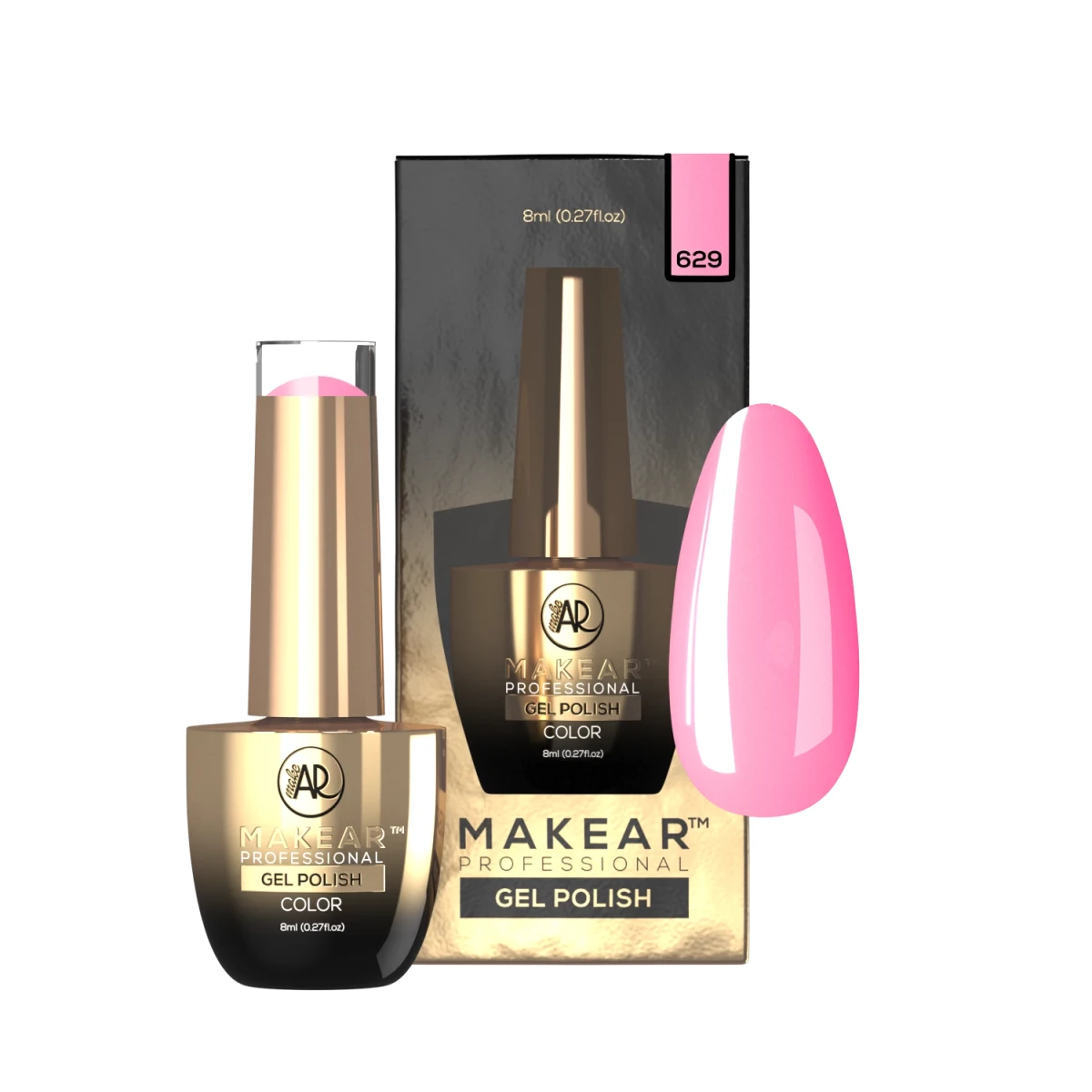 Makear lakier hybrydowy 629 Peony - swatch ciepłego różu guma balonowa, 8 ml HEMA FREE