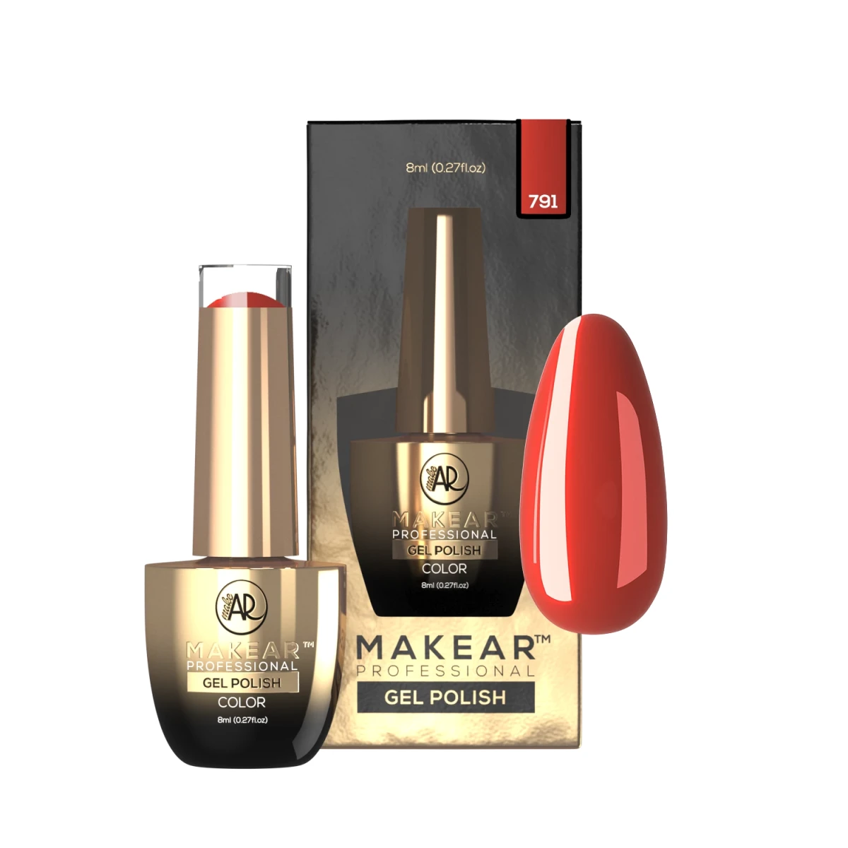 Makear lakier hybrydowy 791 Kocham Cię - swatch ciepłej ceglastej czerwieni, 8 ml HEMA FREE