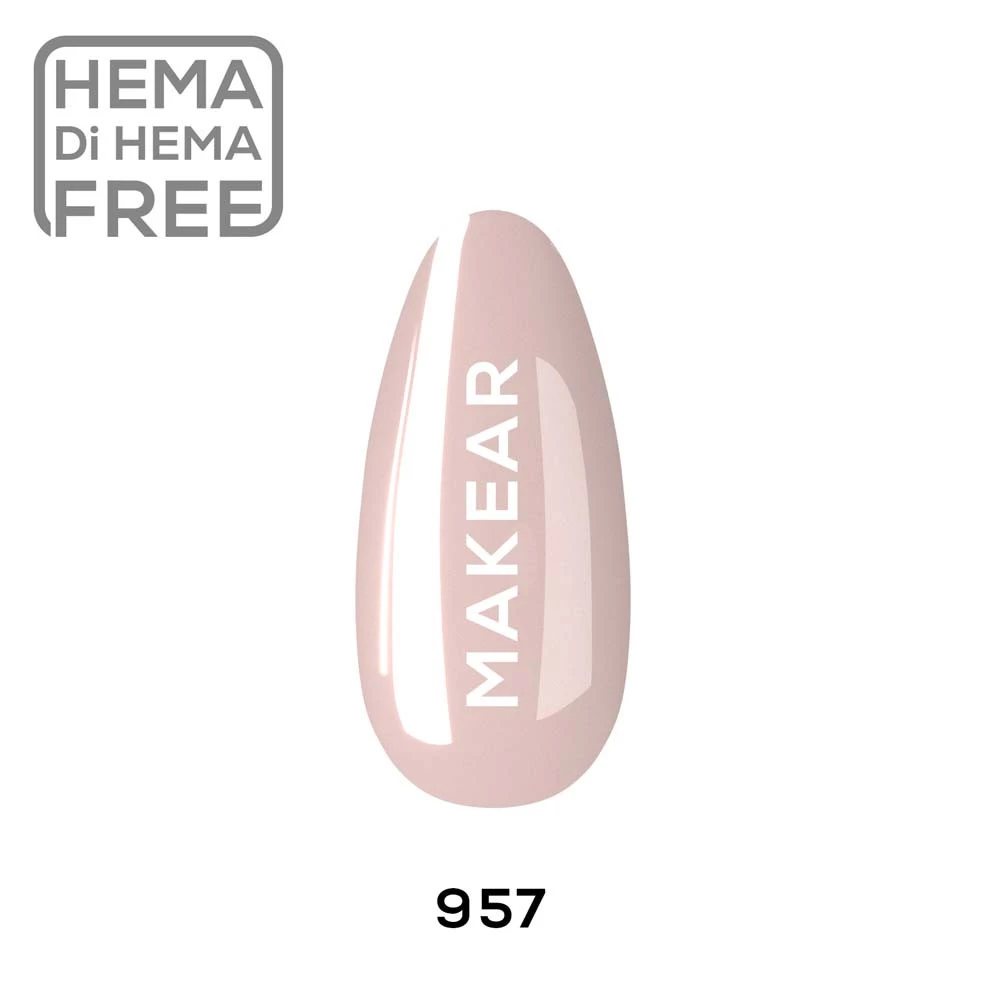 Makear lakier hybrydowy 957 Wednesday jasny nude różowo-beżowy - swatch koloru, 8 ml HEMA FREE
