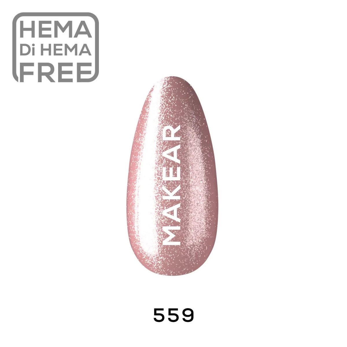 Makear lakier hybrydowy 559 Lollipop - swatch różowo-złotego rose gold z drobnym brokatem, 8 ml HEMA FREE