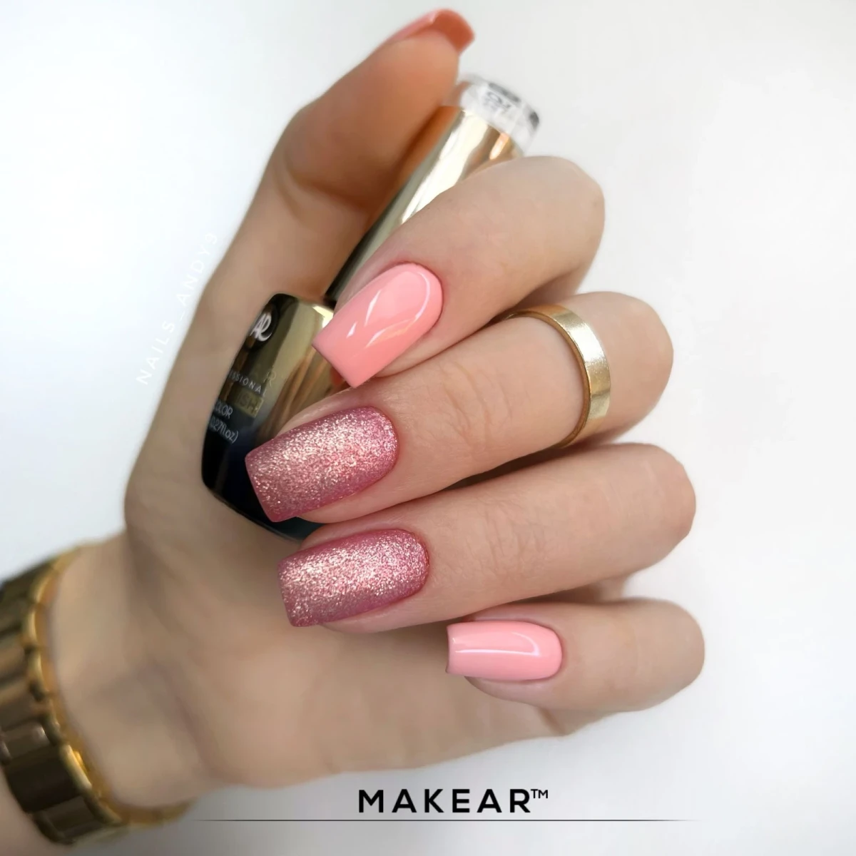 Makear lakier hybrydowy 559 Lollipop - różowo-złoty rose gold z brokatem na paznokciach, zdjęcie 1, 8 ml