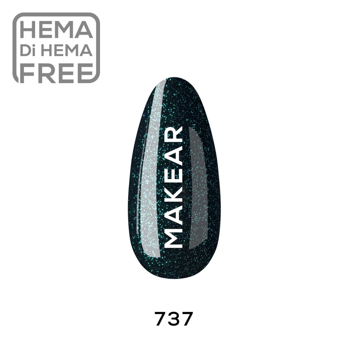 Makear lakier hybrydowy 737 Glamour butelkowa zieleń z drobnym pyłem - swatch koloru, 8 ml HEMA FREE