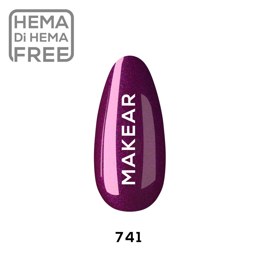 Makear lakier hybrydowy 741 Glamour śliwkowy burgund z różowo-złotym shimmerem - swatch koloru, 8 ml HEMA FREE