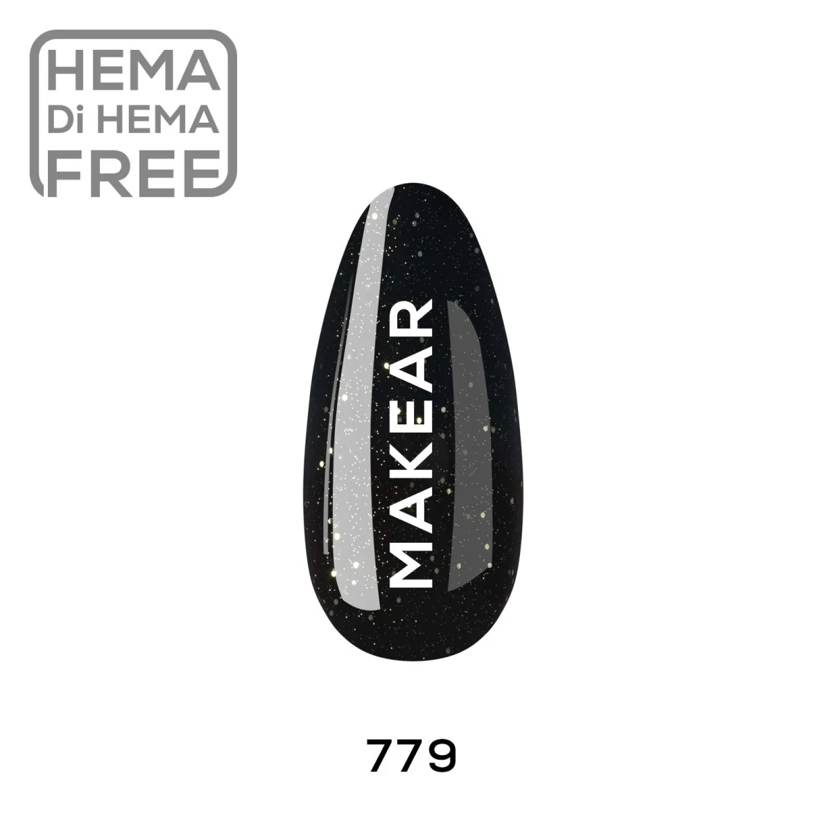 Makear lakier hybrydowy 779 Glamour czerń z drobnym srebrnym brokatem - swatch koloru, 8 ml HEMA FREE