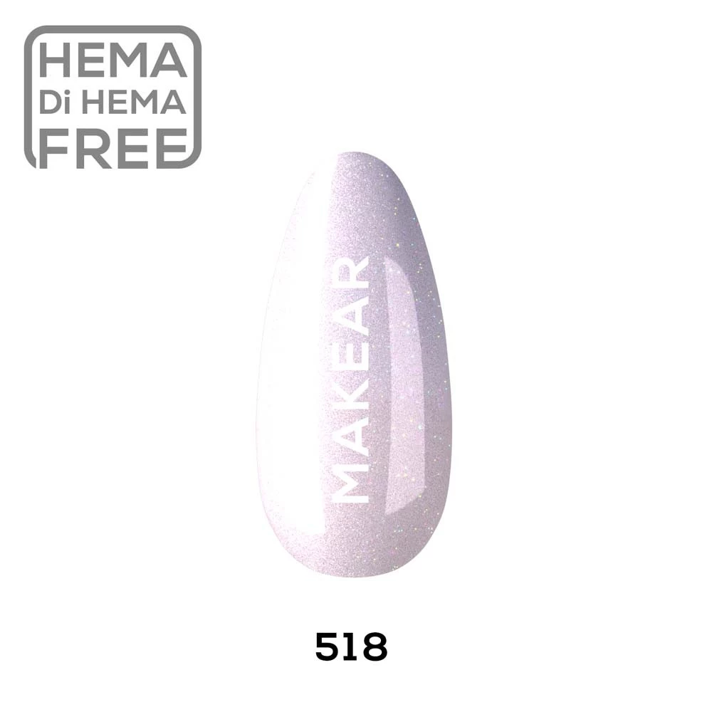 Makear lakier hybrydowy 518 Lollipop mleczny biało-liliowy z delikatnym shimmerem - swatch koloru, 8 ml HEMA FREE