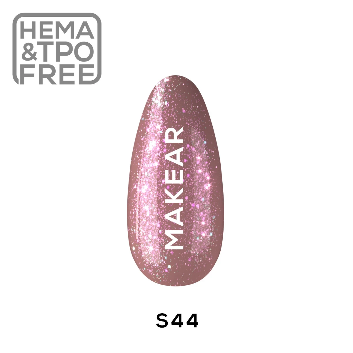 Makear S44 Redenciaga lakier hybrydowy holo - swatch mauve-różu ze srebrno-różową holograficzną folią, 8 ml HEMA FREE