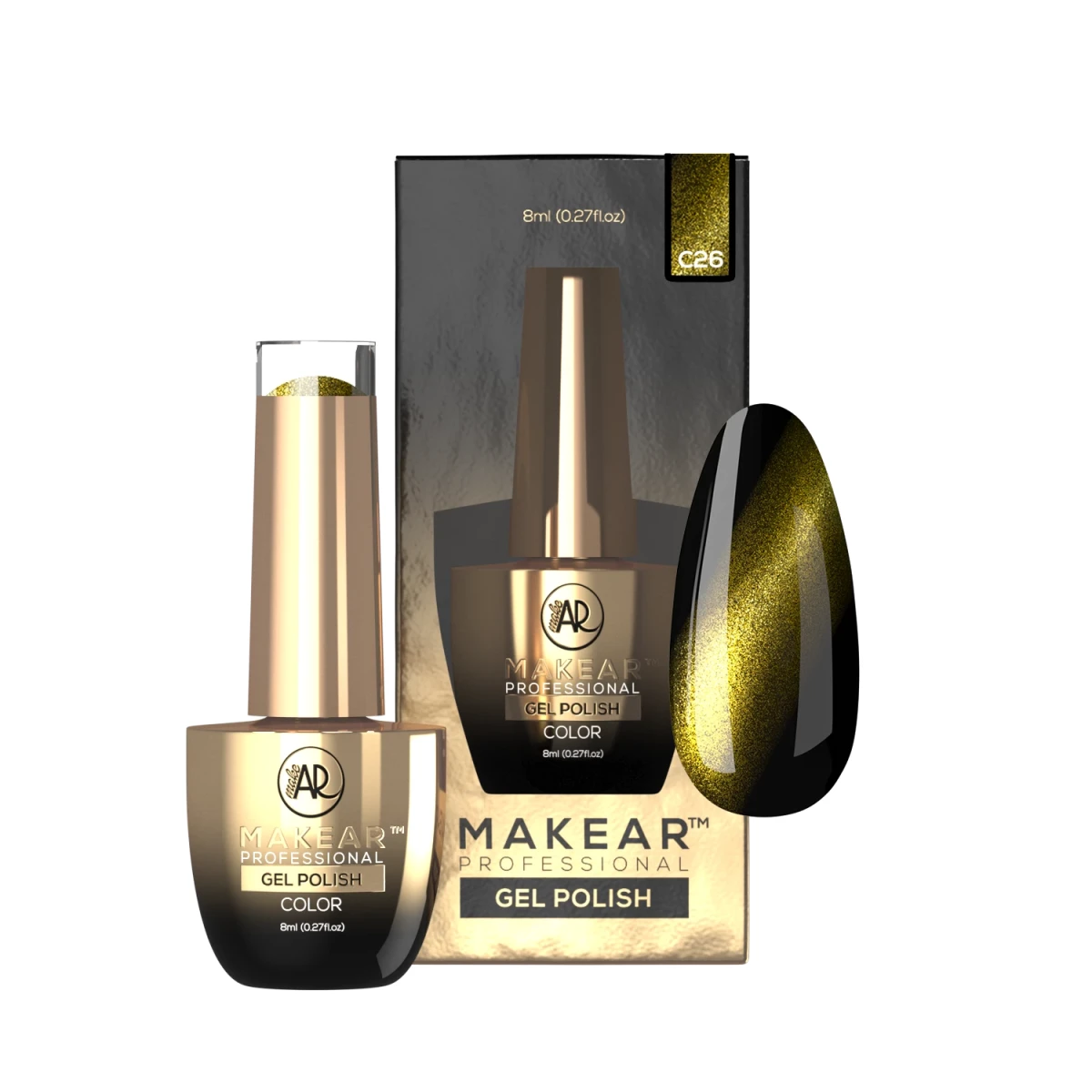 Makear lakier hybrydowy C26 Cat Eye czarna baza, złoto-zielony refleks zmienny pod kątem, 8 ml