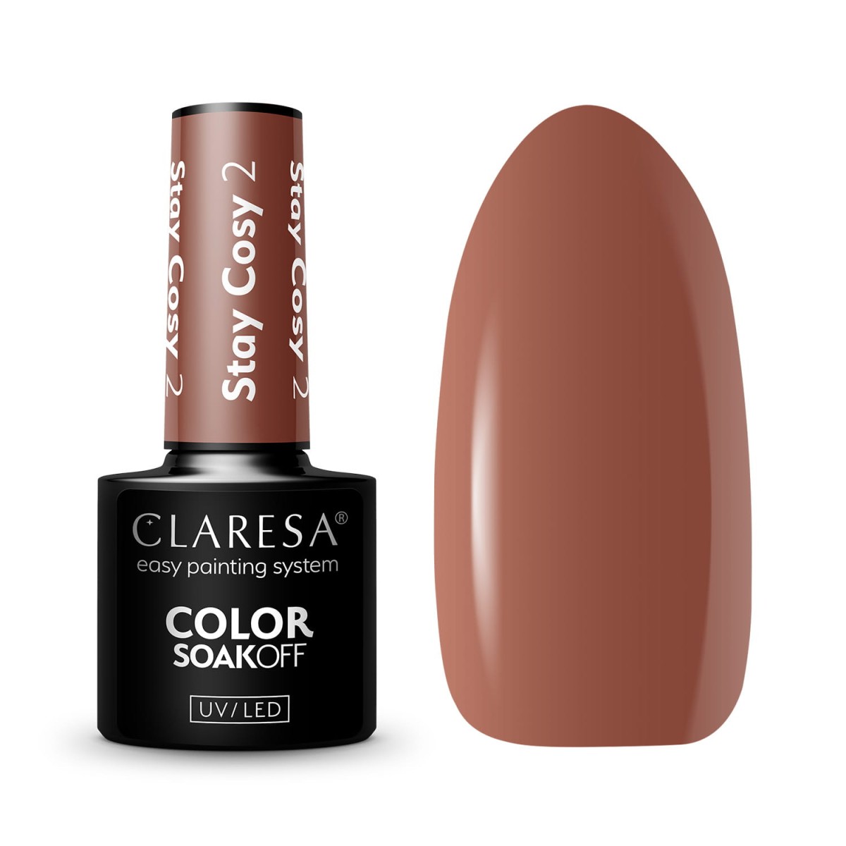 Packshot Claresa Stay Cosy 2 - butelka i swatch ciepłego cynamonowego brązu