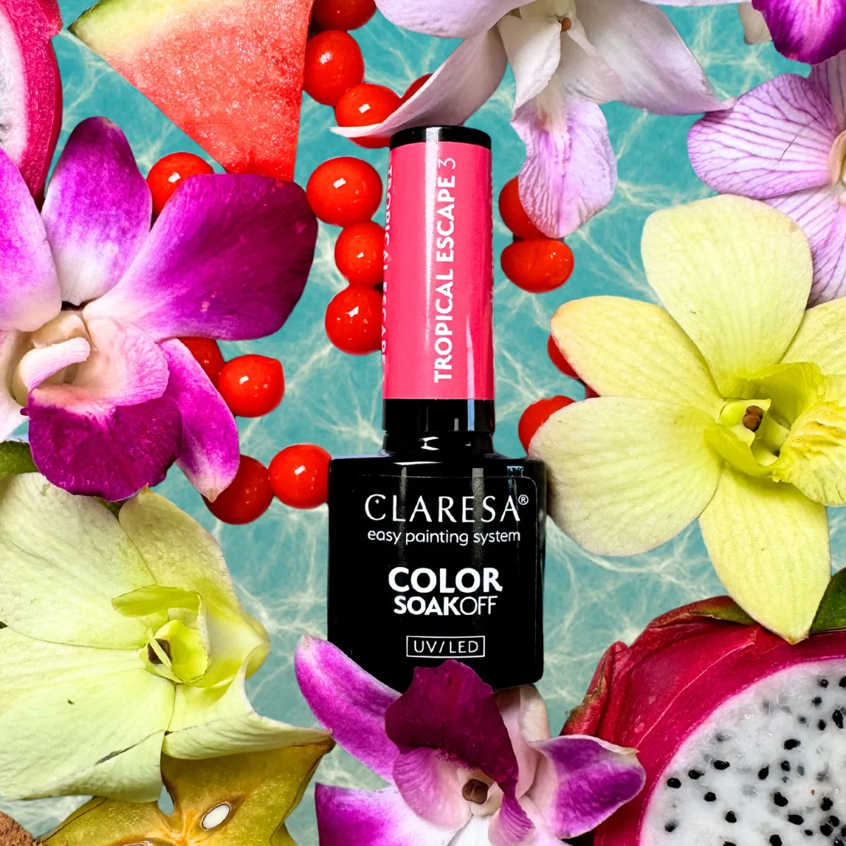 Claresa Tropical Escape 3 - malinowo-różowa neonowa hybryda 5 g, butelka i swatch koloru w tropikalnym klimacie