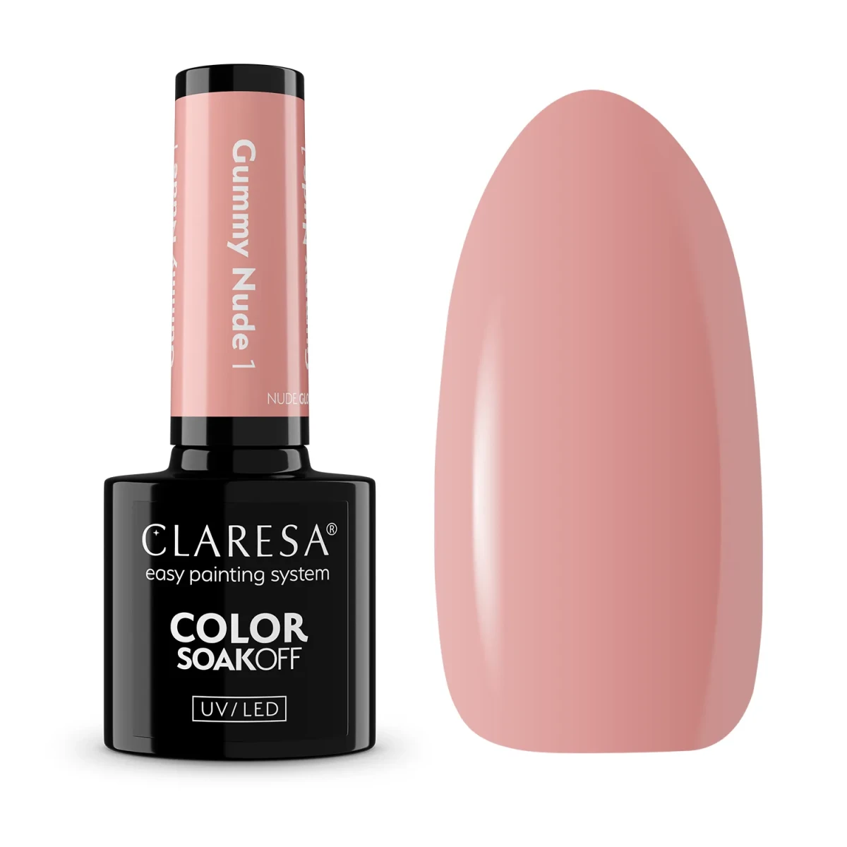 Claresa Nude Glow Gummy Nude 1 - butelka lakieru hybrydowego 5 g i swatch mleczno-różowego nude