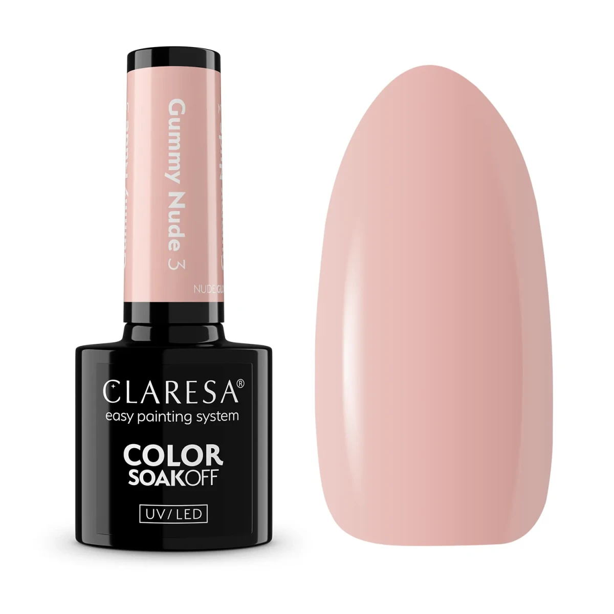 Claresa Nude Glow Gummy Nude 3 - butelka lakieru hybrydowego 5 g i swatch brzoskwiniowo-różowego nude