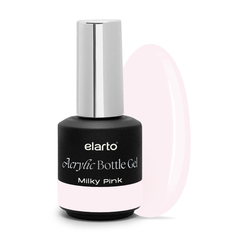 Acrylic Bottle Gel Milky Pink 15 ml - akrylożel w butelce z aplikatorem i owalny swatch mlecznego różu