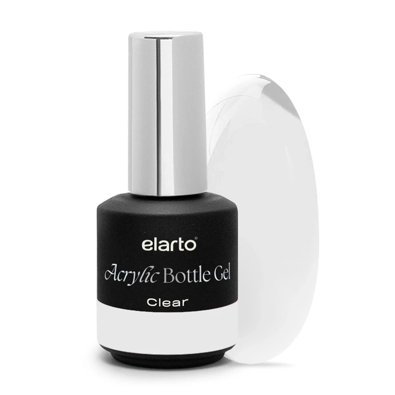 Elarto Acrylic Bottle Gel Clear 15 ml - bezbarwny akrylożel w butelce z aplikatorem i owalny próbnik koloru