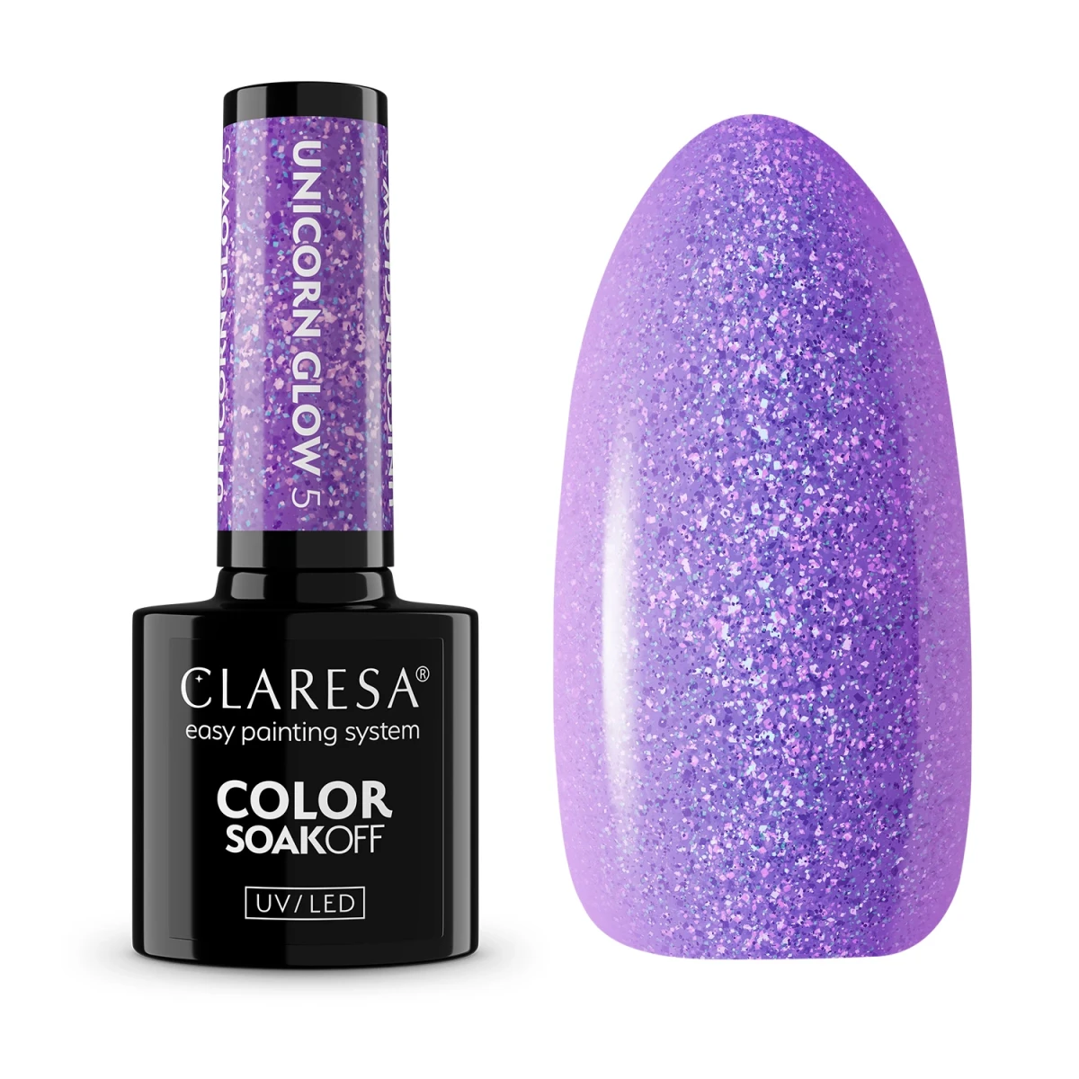 Butelka lakieru hybrydowego Claresa Unicorn Glow 5 5 g obok swatcha w lawendowym fiolecie z opalizującym brokatem