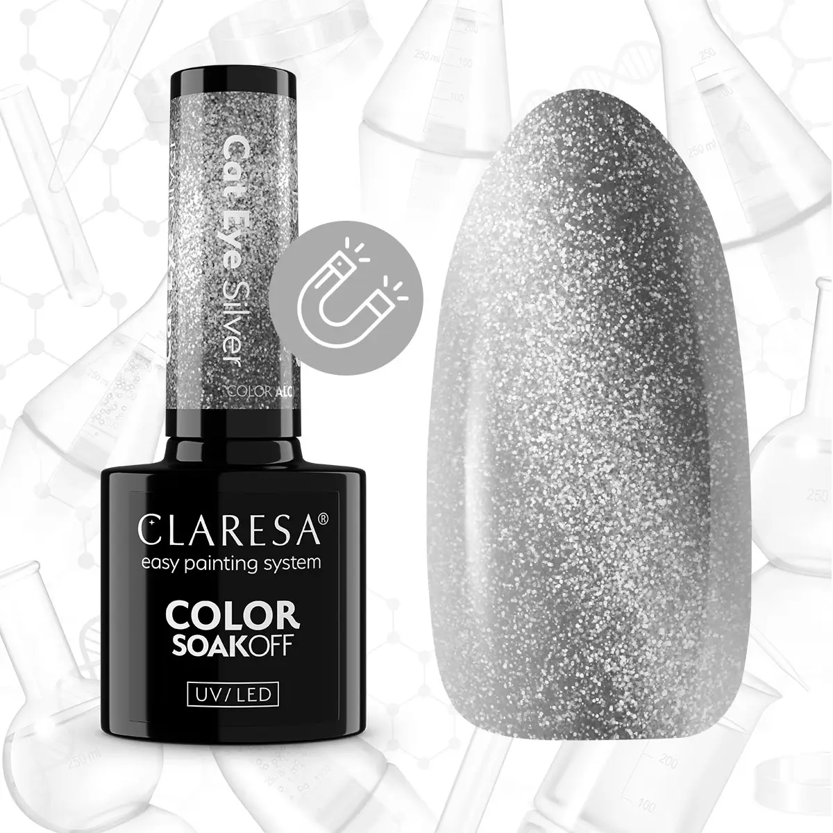 Butelka Claresa Cat Eye Silver 5 g obok swatcha w chłodnym, metalicznym srebrze z efektem kociego oka