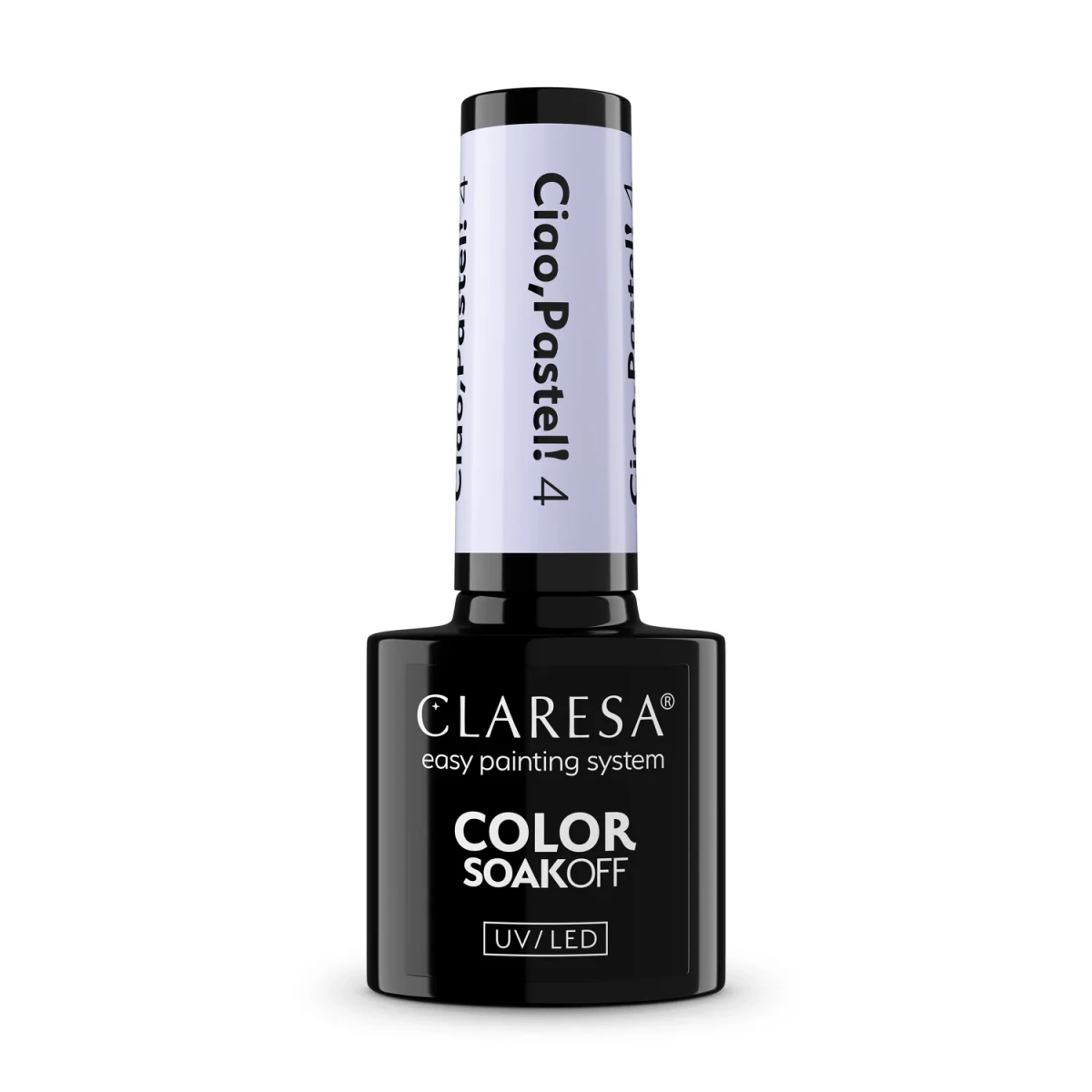 Claresa Ciao Pastel 4 - pastelowa fioletowa hybryda 5 g, butelka i swatch koloru w klimacie la dolce vita