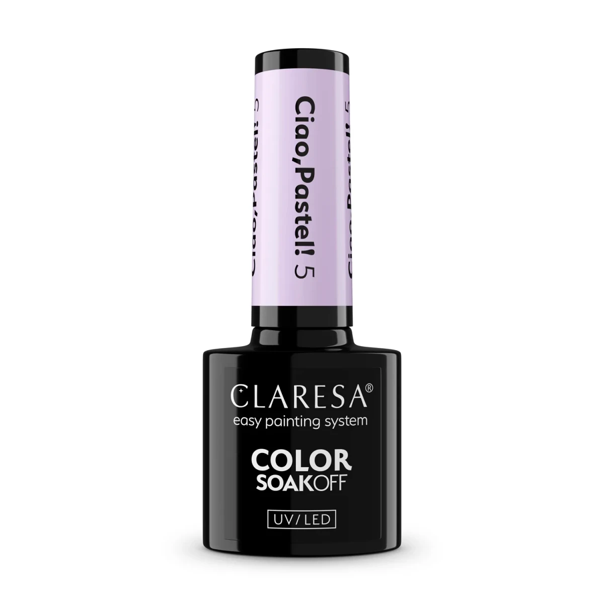 Claresa Ciao Pastel 5 - pastelowa lila hybryda 5 g, butelka i swatch koloru w klimacie la dolce vita