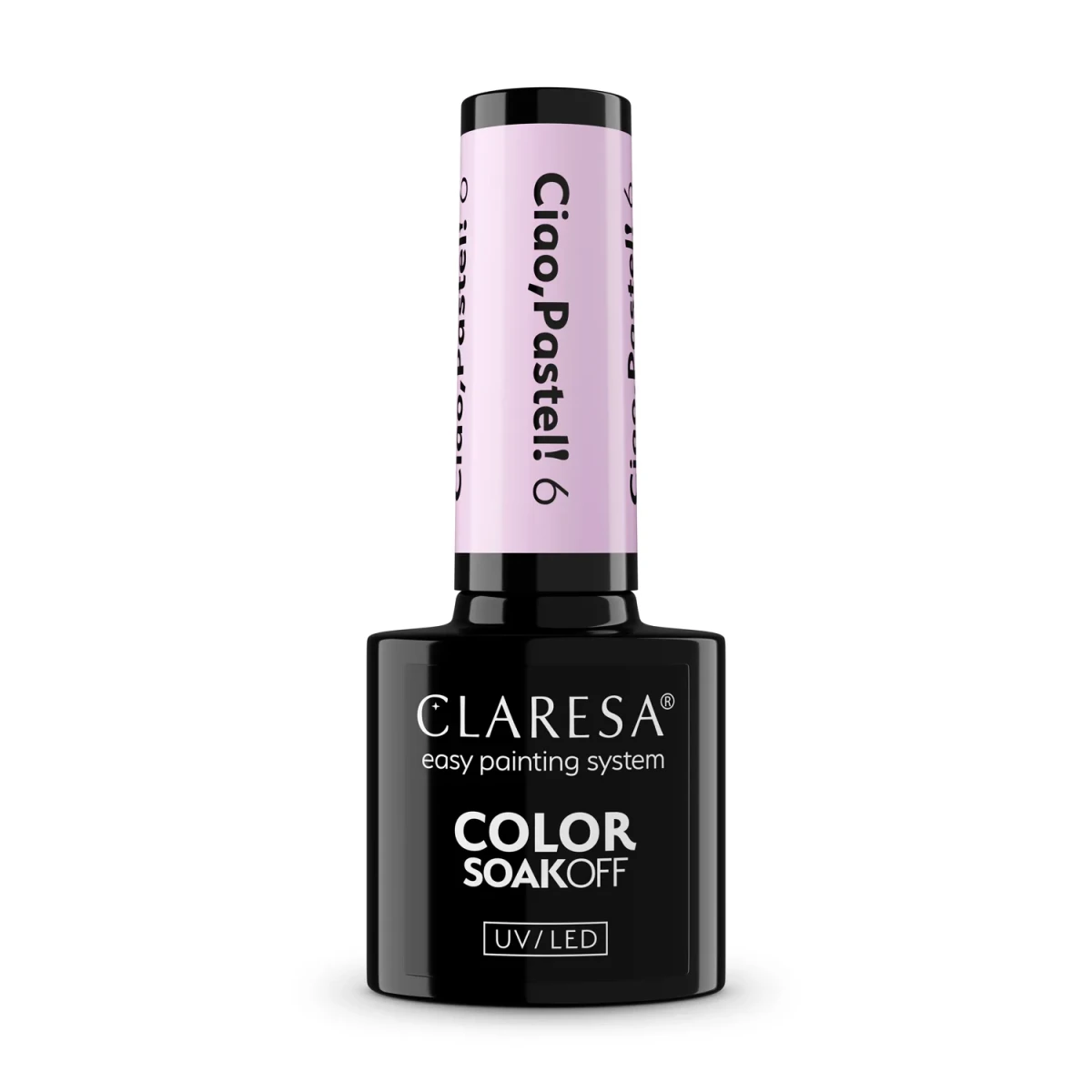 Claresa Ciao Pastel 6 - pastelowa lawendowa hybryda 5 g, butelka i swatch koloru w klimacie la dolce vita