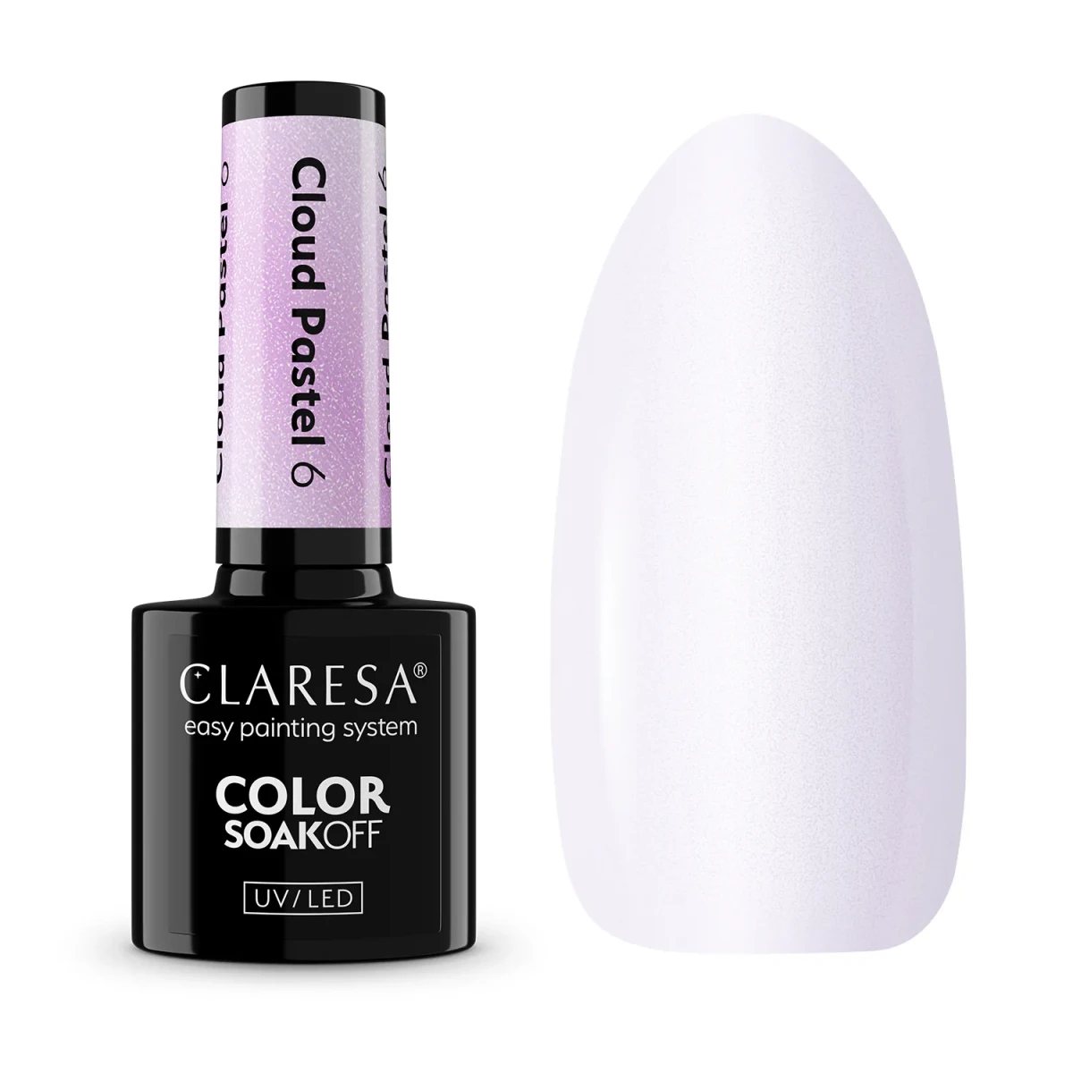 Packshot Claresa Cloud Pastel 6 - butelka i swatch mleczno-liliowej perłowej bieli