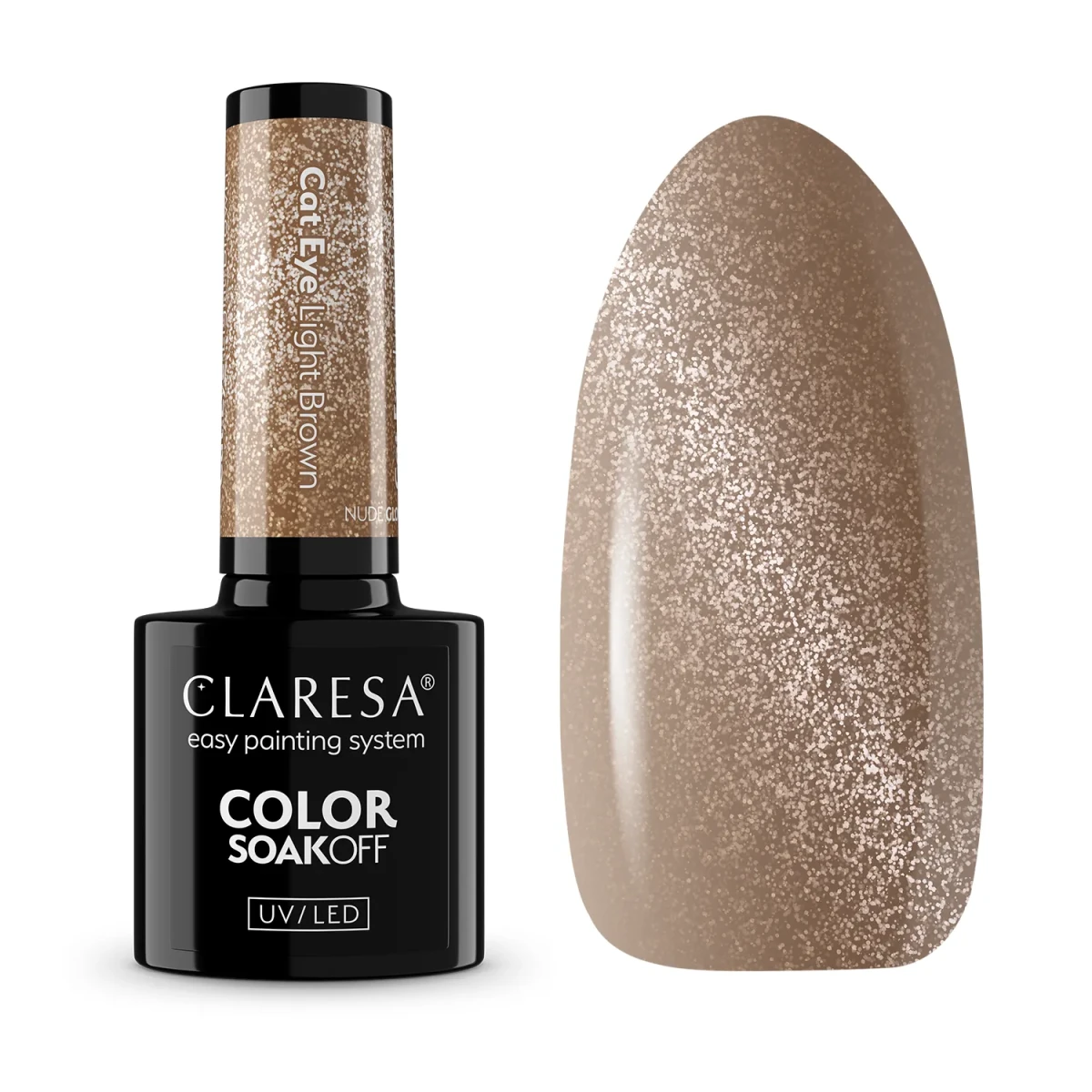 Claresa Nude Glow Cat Eye Light Brown - butelka lakieru 5 g i swatch z magnetyczną smugą światła