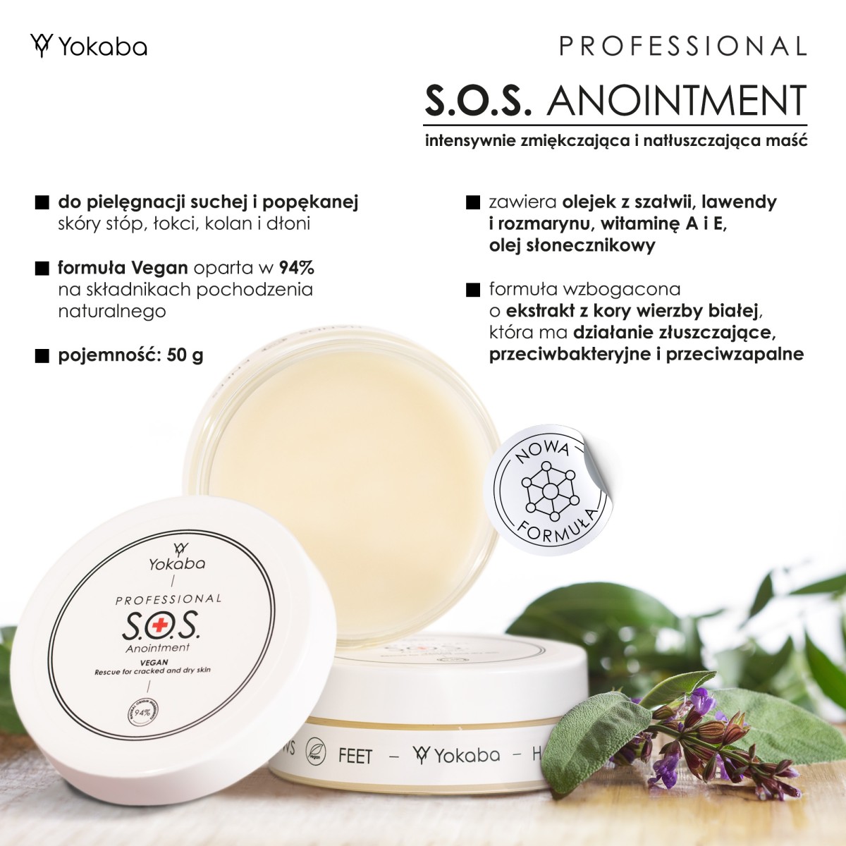 Yokaba SOS Anointment 50 g - wegańska maść 94% naturalna, olejki szałwia, lawenda, rozmaryn, witaminy A i E