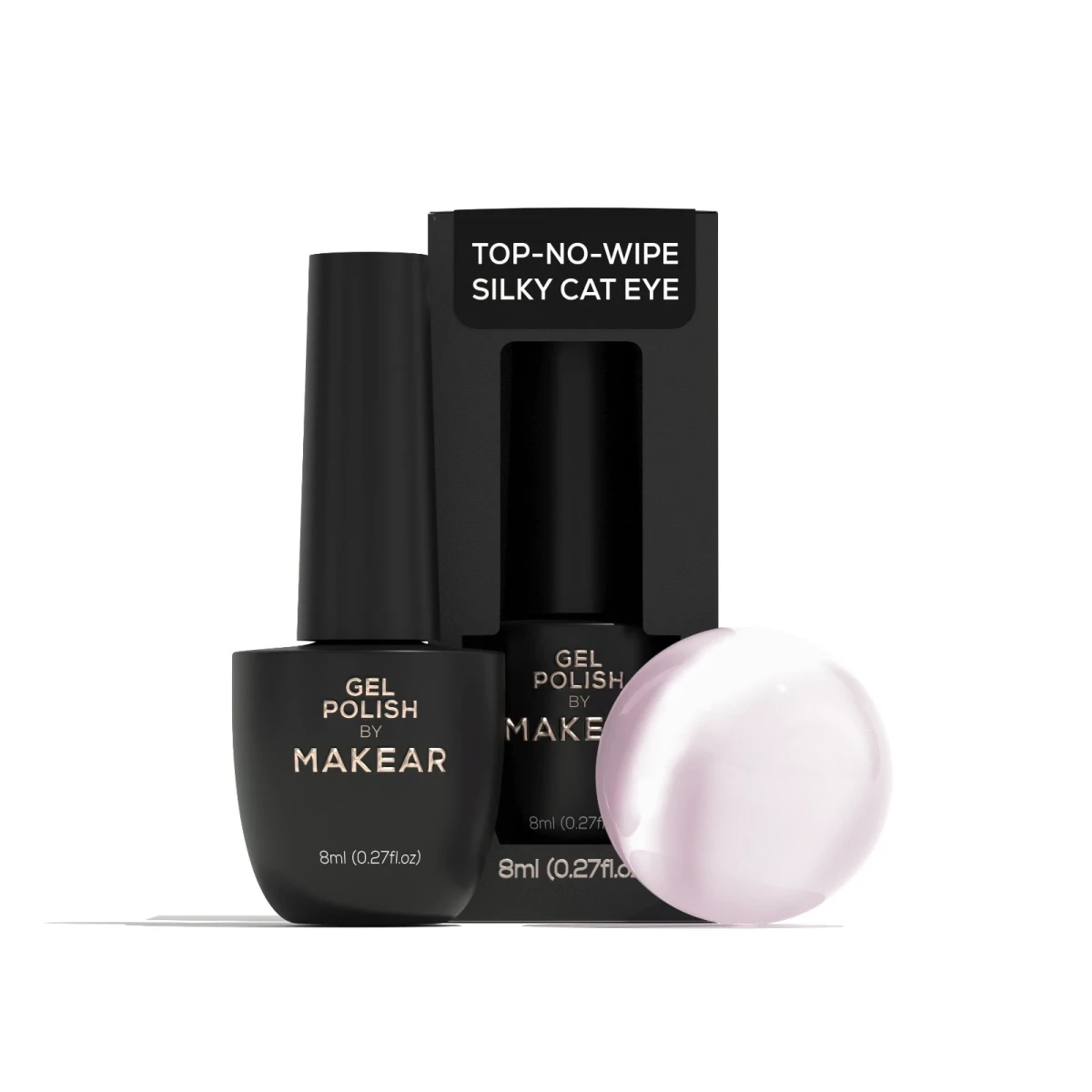 Top No Wipe Silky Cat Eye Makear 8 ml - buteleczka gel polish z opakowaniem i perłowo-różową kroplą