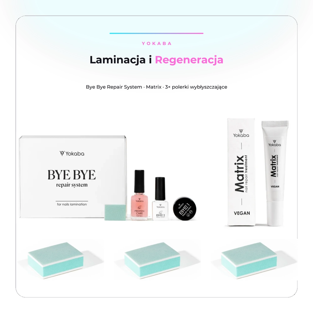 Zestaw Yokaba do laminacji i regeneracji paznokci — Bye Bye Repair System, Matrix Nail Repair Treatment i trzy polerki wybłyszczające