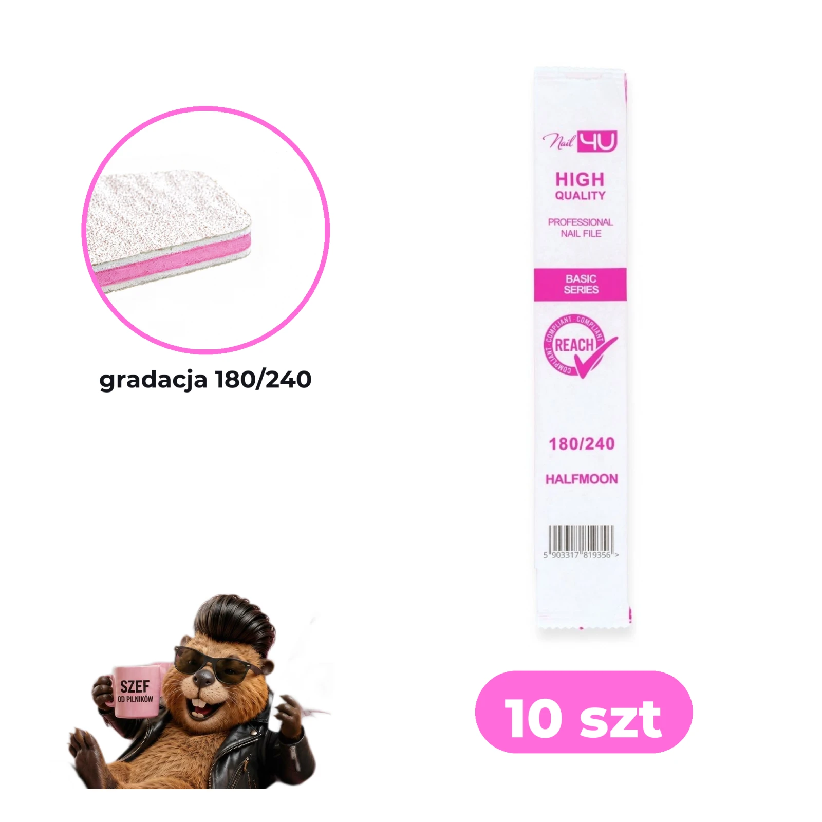 Zestaw 10 szt pilników Nail4U łódka 180/240 BASIC edycja z bobrem — pojedyncze opakowanie, makro gradacji 180/240