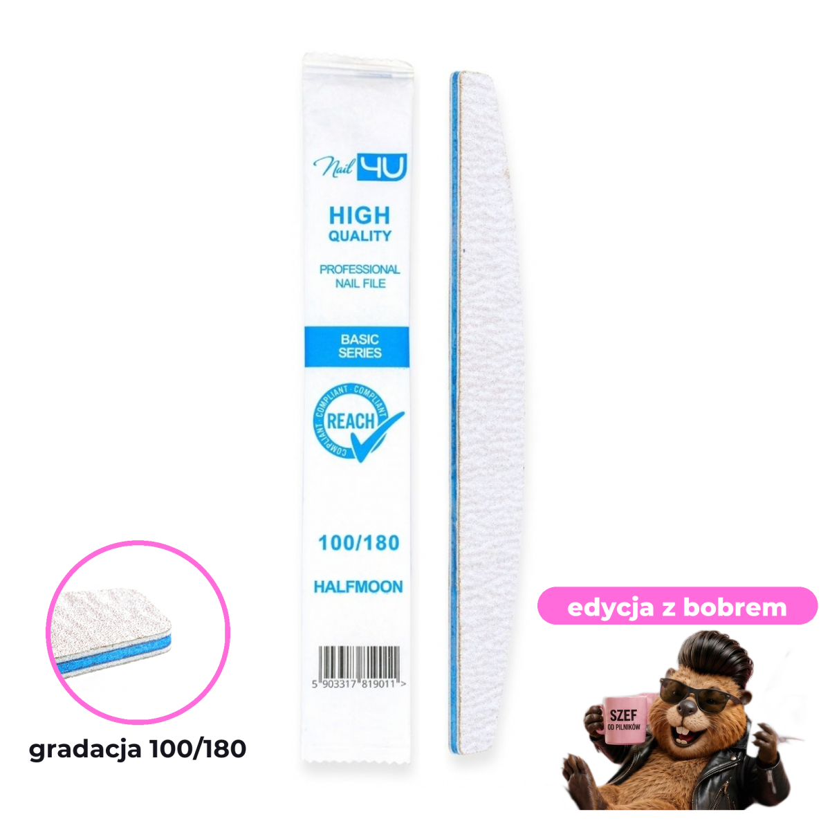 Pilnik Nail4U łódka 100/180 BASIC edycja z bobrem — pełny pilnik z opakowaniem, makro gradacji 100/180