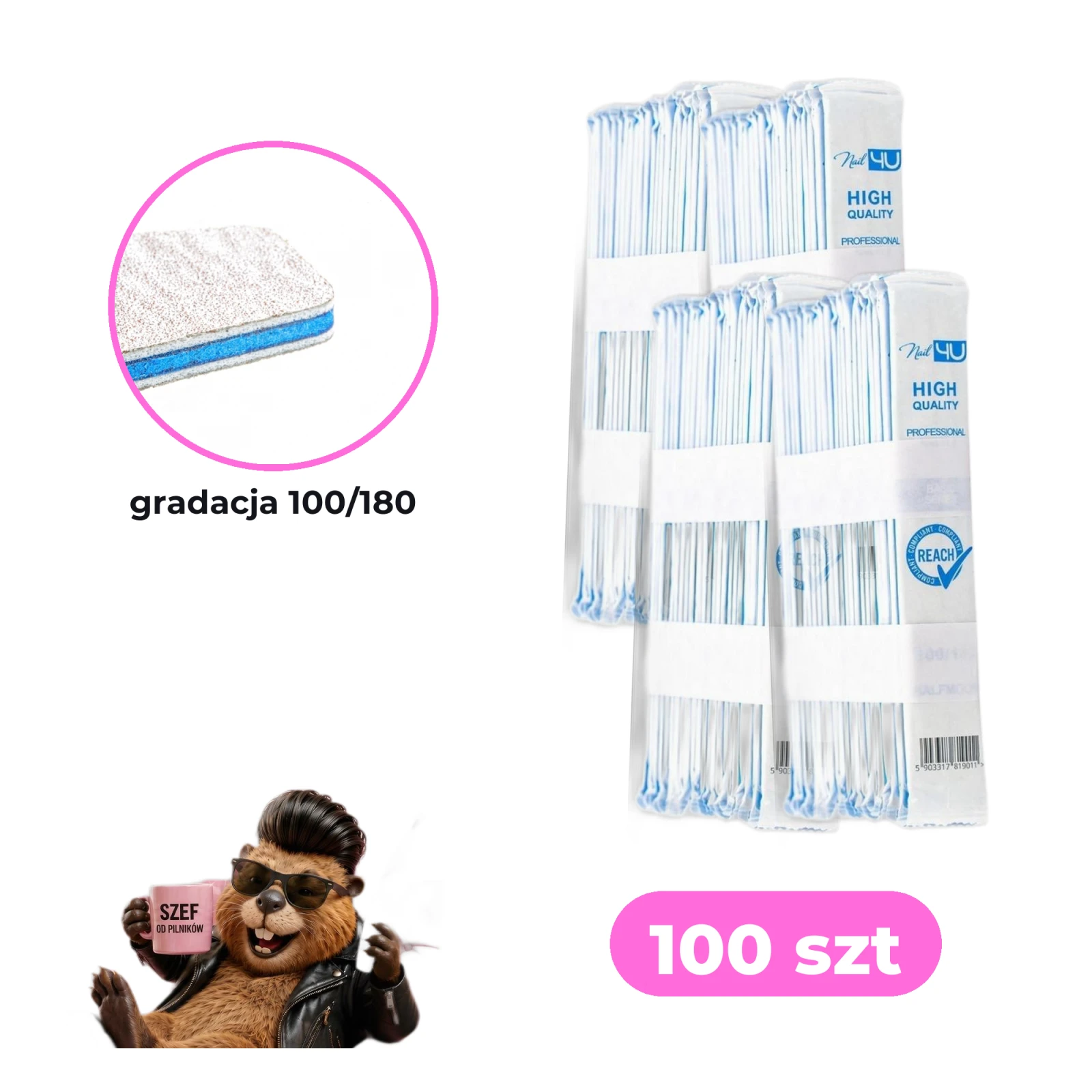 Zestaw 100 szt pilników Nail4U łódka 100/180 BASIC edycja z bobrem — paczki zbiorcze, makro gradacji 100/180