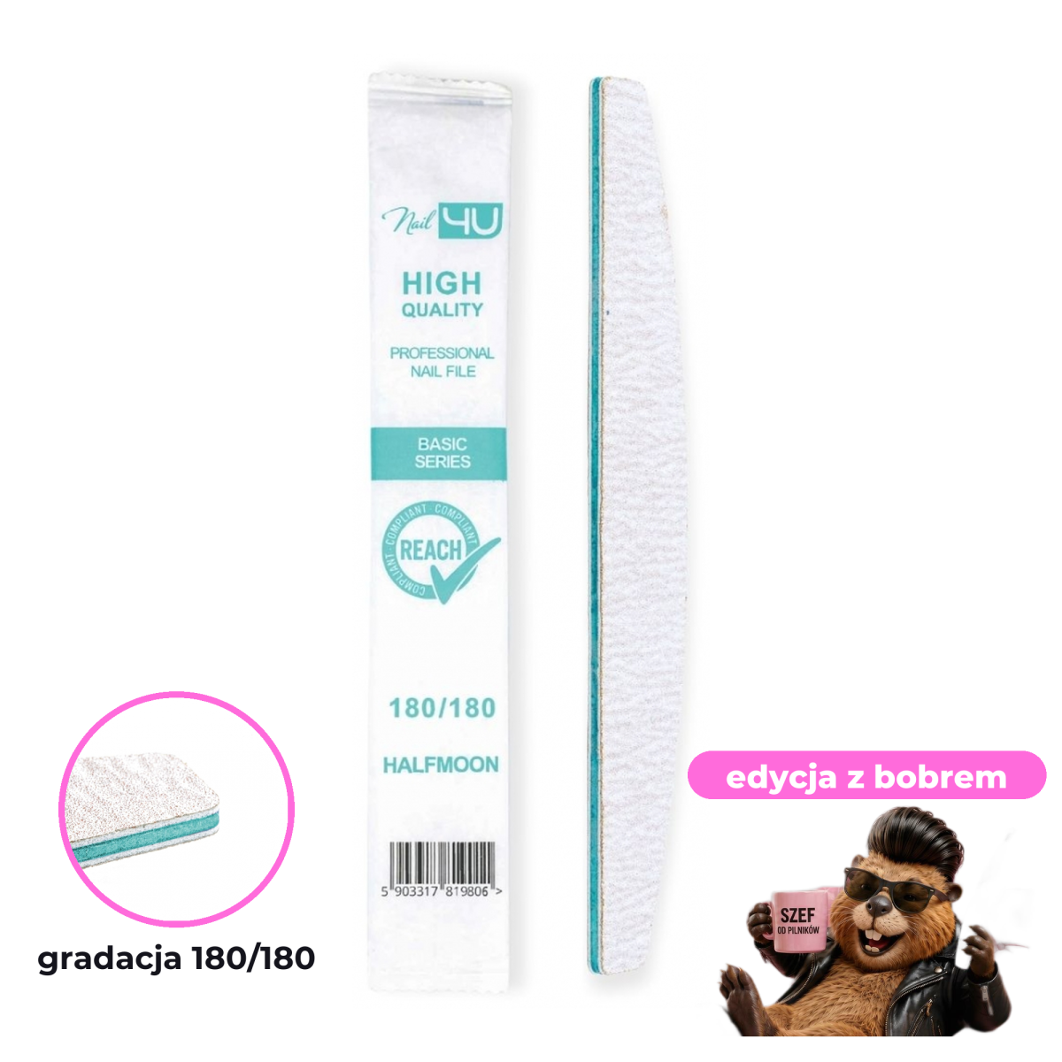 Pilnik Nail4U łódka 180/180 BASIC edycja z bobrem — pełny pilnik z opakowaniem, makro gradacji 180/180