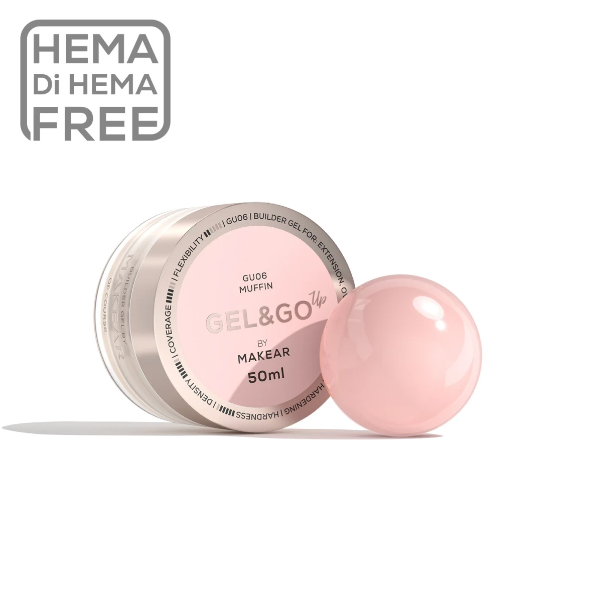 Makear Gel&Go Up GU06 Muffin 50 ml, słoiczek żelu budującego i kulka różowego żelu, oznaczenie HEMA Di HEMA Free