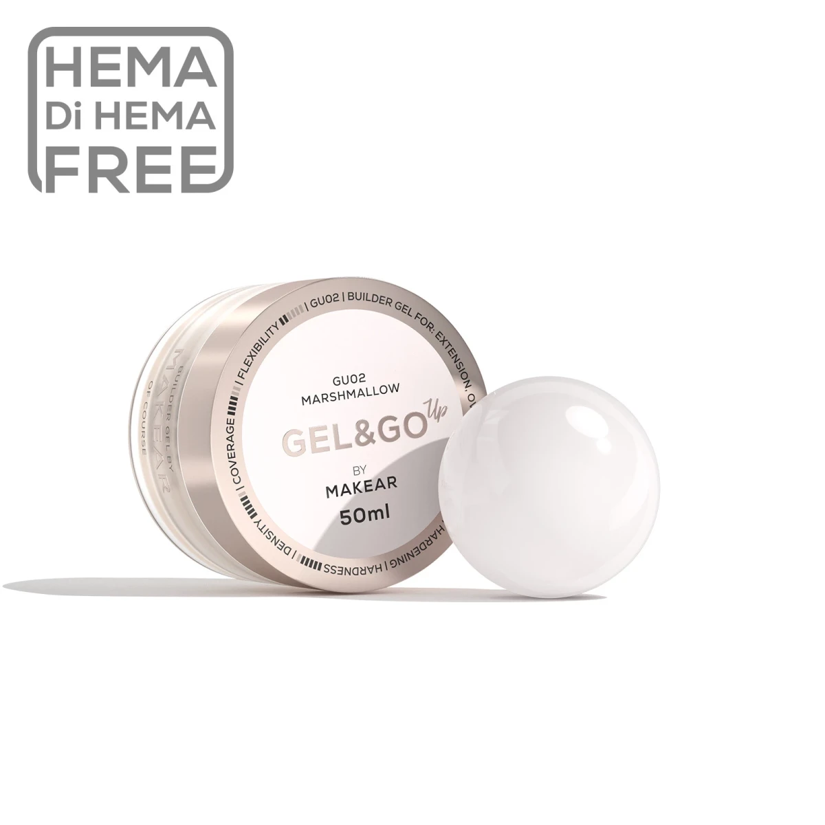 Makear Gel&Go Up GU02 Marshmallow 50 ml, słoiczek żelu budującego i kulka mlecznobiałego żelu, oznaczenie HEMA Di HEMA Free