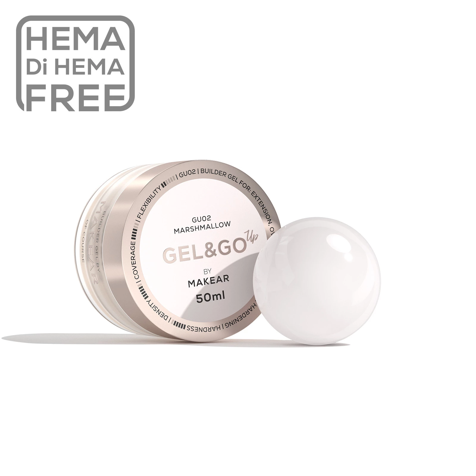 Makear Gel&Go Up GU02 Marshmallow 50 ml, słoiczek żelu budującego i kulka mlecznobiałego żelu, oznaczenie HEMA Di HEMA Free