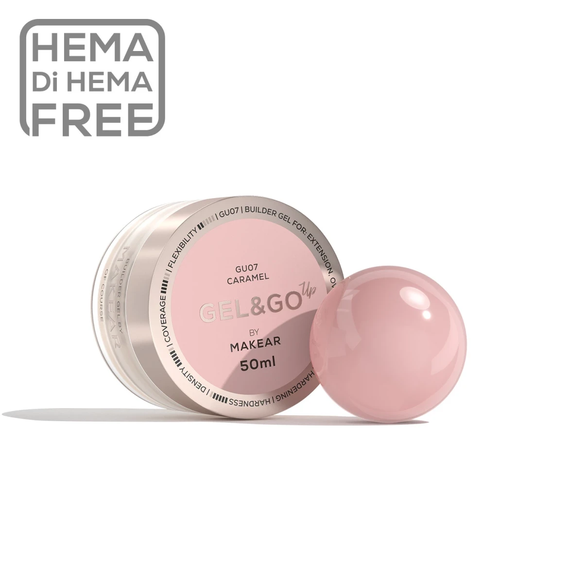 Makear Gel&Go Up GU07 Caramel 50 ml, słoiczek żelu budującego i kulka karmelowo-różowego żelu, oznaczenie HEMA Di HEMA Free