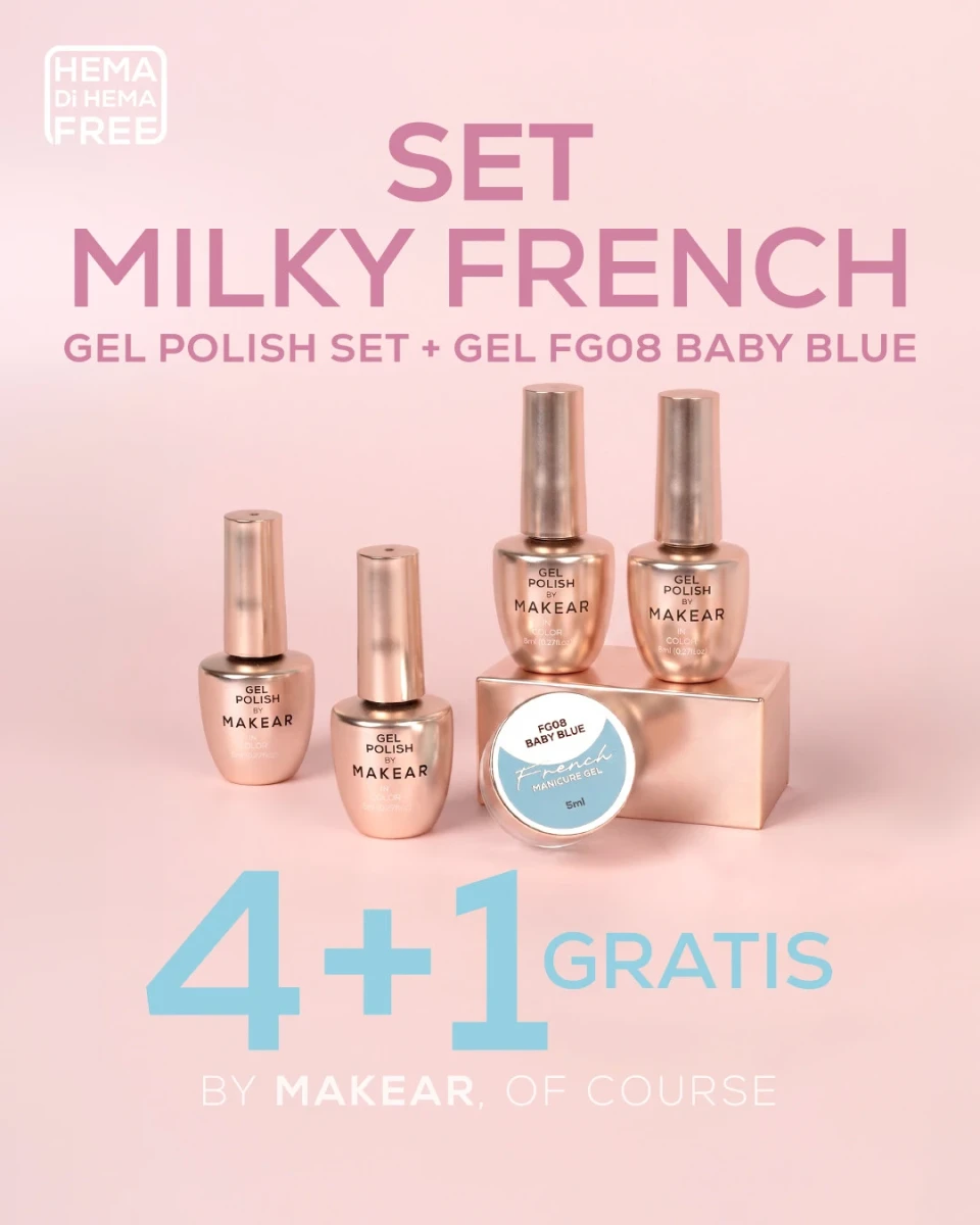 Zestaw Makear Milky French 4+1 - cztery lakiery hybrydowe 602-605 i zel French Manicure FG08 Baby Blue gratis