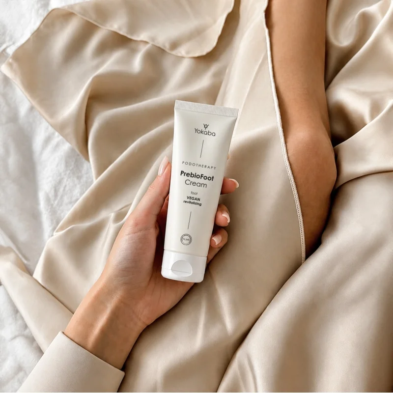 Yokaba PrebioFoot Cream 75 ml w dłoni, podręczny format tuby