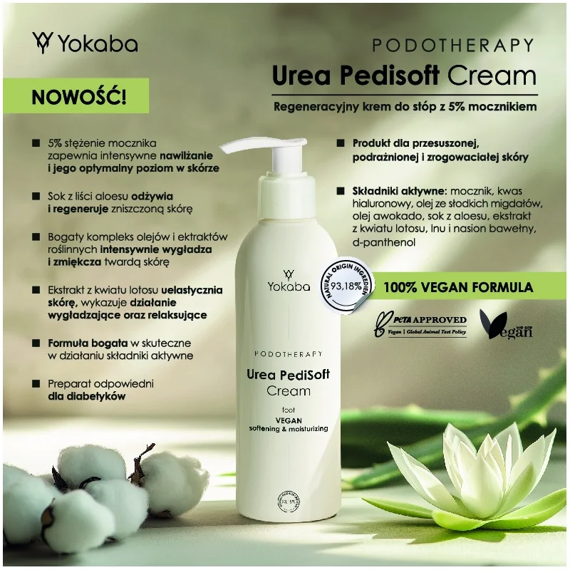 Zalety kremu do stóp Yokaba Urea PediSoft 240 ml: 5% mocznika, aloes, ekstrakt z kwiatu lotosu, formuła wegańska