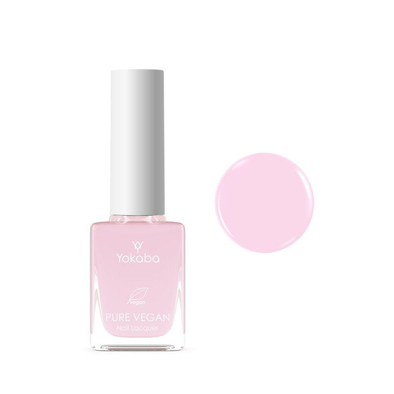 Yokaba Pure Vegan Nail Lacquer 10 ml nr 03 Sweet Pink, lakier klasyczny obok próbki koloru, jasny chłodny róż