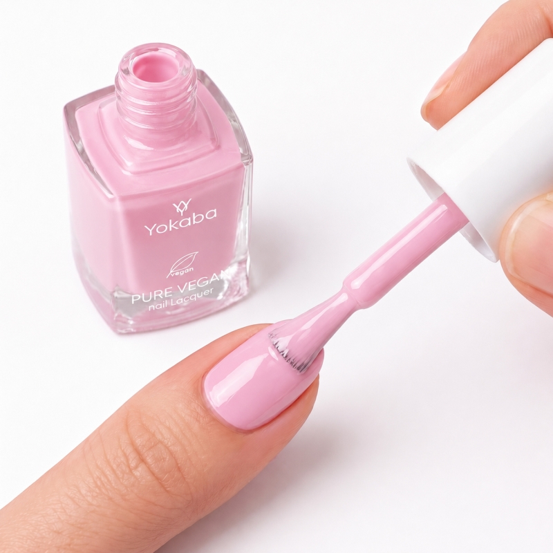 Aplikacja lakieru Yokaba 03 Sweet Pink pędzelkiem na paznokieć, jasny chłodny róż