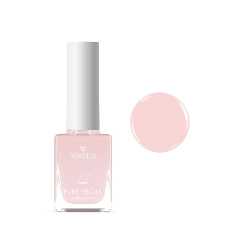 Yokaba Pure Vegan Nail Lacquer 10 ml nr 04 Pale Pink, lakier klasyczny obok próbki koloru, pudrowy jasny róż
