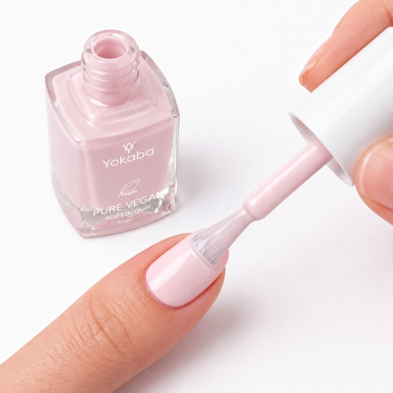 Aplikacja lakieru Yokaba 04 Pale Pink pędzelkiem na paznokieć, pudrowy jasny róż