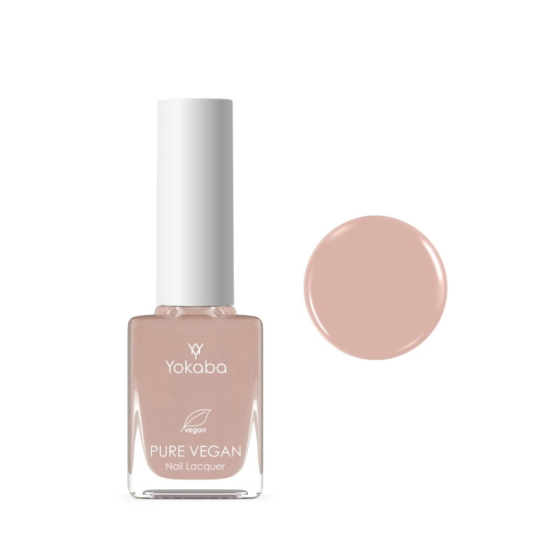 Yokaba Pure Vegan Nail Lacquer 10 ml nr 05 Office Beige, lakier klasyczny obok próbki koloru, jasny szarobeż