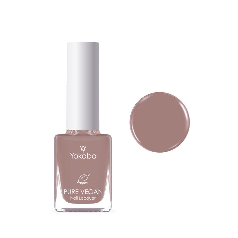 Yokaba Pure Vegan Nail Lacquer 10 ml nr 06 Swiss Choco, lakier klasyczny obok próbki koloru, szarobrązowy taupe