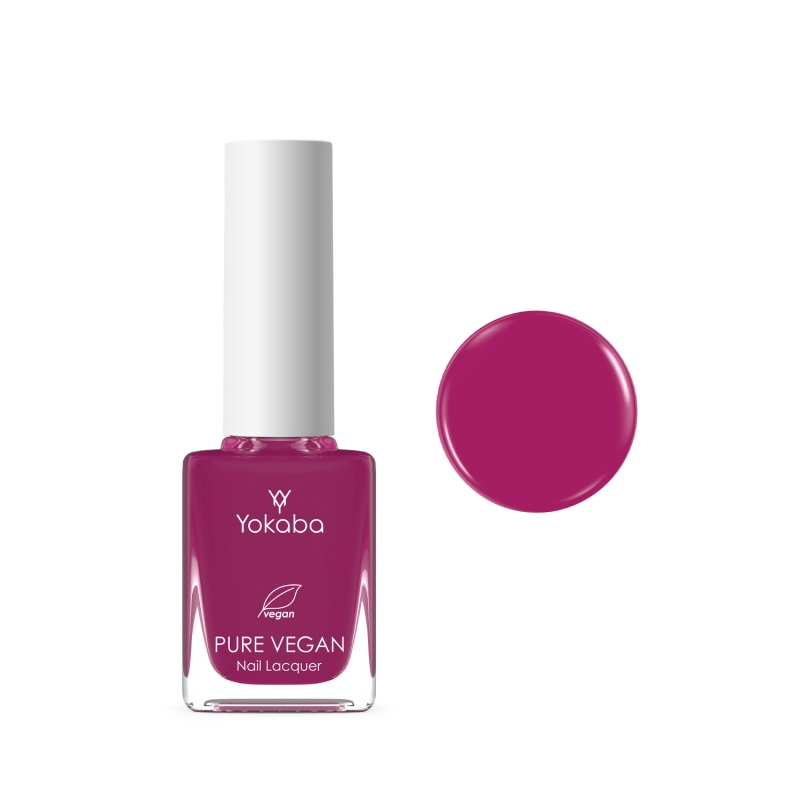 Yokaba Pure Vegan Nail Lacquer 10 ml nr 08 Charming Fushia, lakier klasyczny obok próbki koloru, fuksja