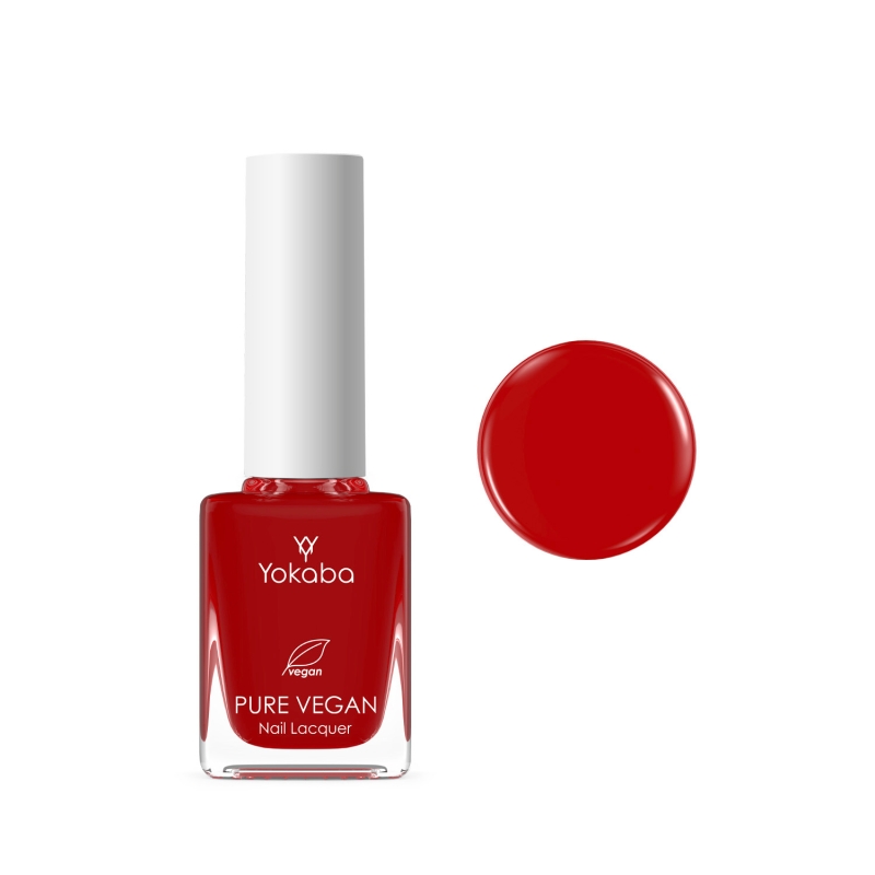 Yokaba Pure Vegan Nail Lacquer 10 ml nr 09 Red Rush, lakier klasyczny obok próbki koloru, czysta jasna czerwień