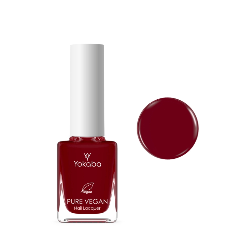 Yokaba Pure Vegan Nail Lacquer 10 ml nr 11 Manogany, lakier klasyczny obok próbki koloru, ciemna wiśniowa czerwień