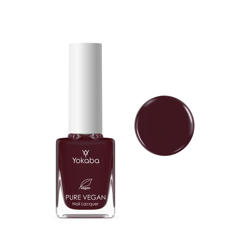 Yokaba Pure Vegan Nail Lacquer 10 ml nr 12 Beetroot, lakier klasyczny obok próbki koloru, bardzo ciemny burgund